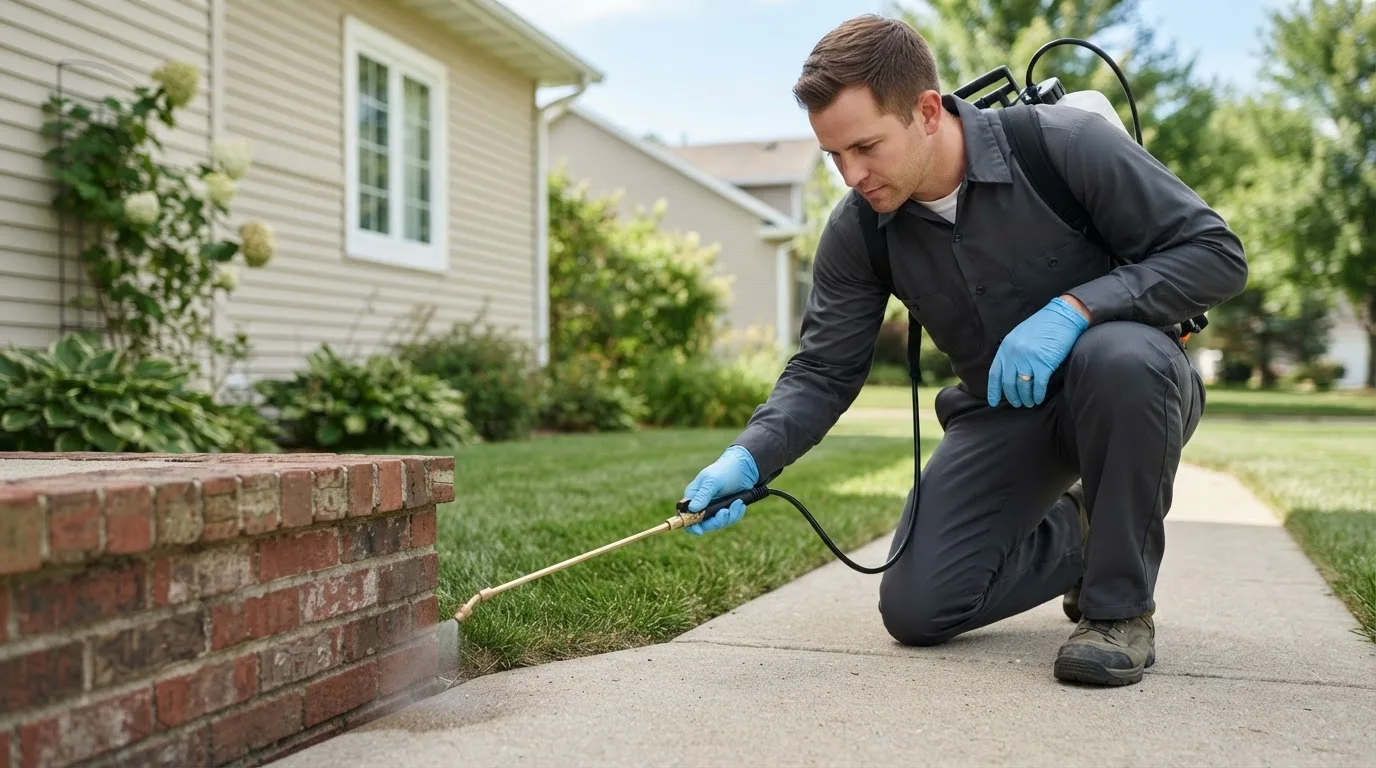 Pest control technician treating a home near Tangier, VA